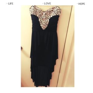 A strapless black dress